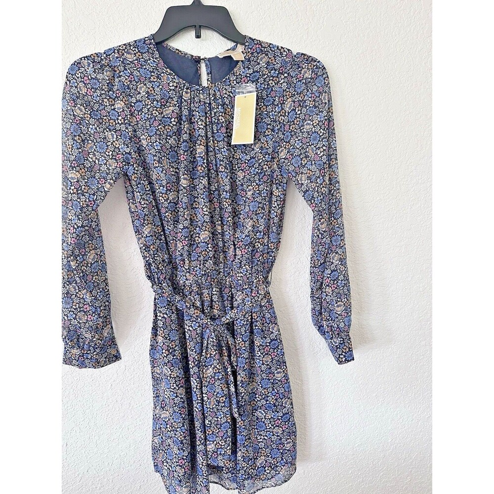 Michael Kors Women's Lined Floral-Print Dusty Rose Blue Mini Dress Petite S - Picture 3 of 10